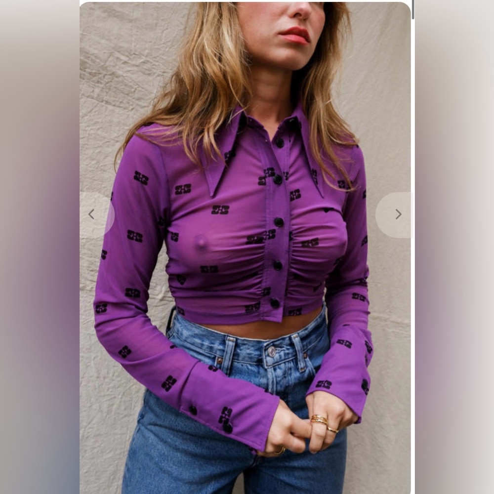 Ganni Printed Purple Ruched Cropped Shirt, XS
